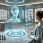 DALL·E 2025-01-29 14.04.25 – A futuristic skincare consultation where a client is interacting with a holographic AI beauty assistant. The hologram displays personalized skincare r