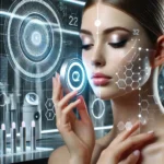 DALL·E 2025-01-29 14.04.48 – A futuristic beauty tech scene featuring a woman using an AI-powered skincare device. The setting is a sleek, modern beauty lab with glowing digital i